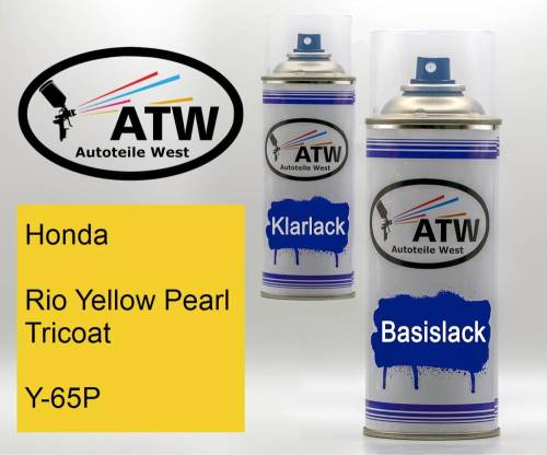 Honda, Rio Yellow Pearl Tricoat, Y-65P: 400ml Sprühdose + 400ml Klarlack - Set, von ATW Autoteile West.